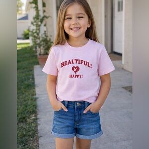 TND Girl’s Pink Graphic Tee “Beautiful & Happy” Cotton T-Shirt Size Medium